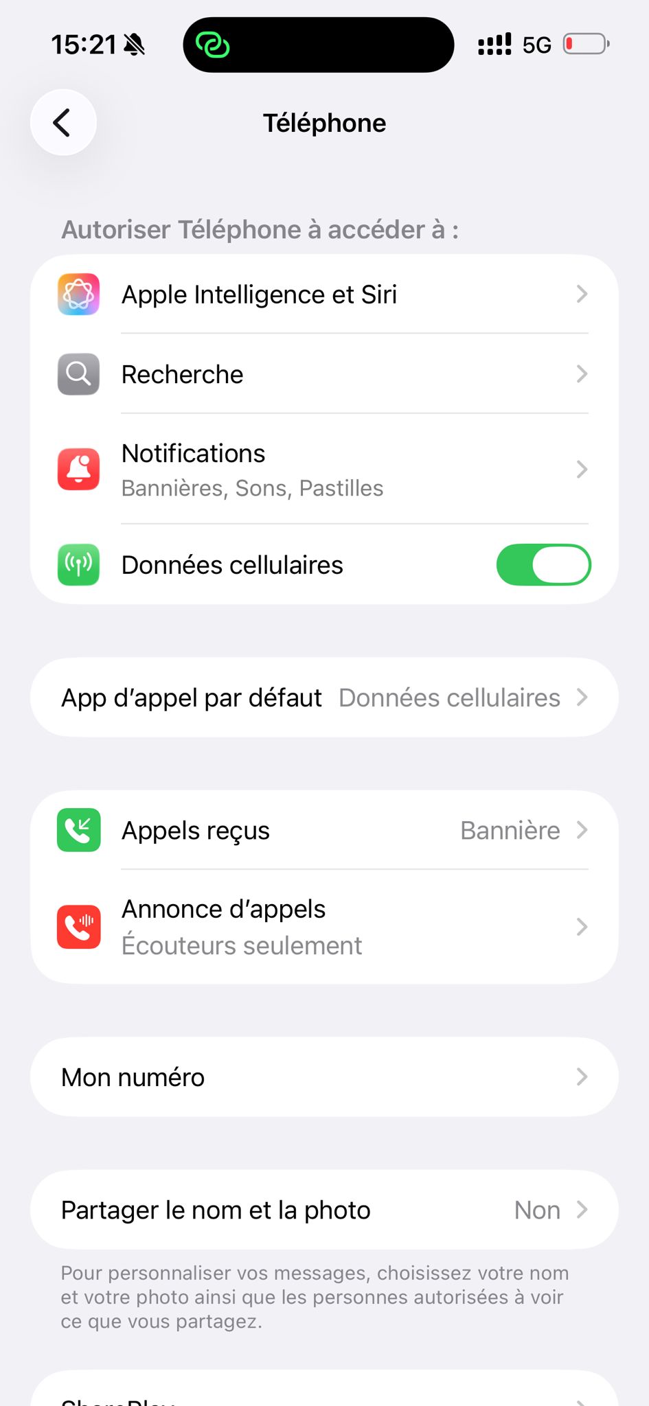 Réglages Téléphone de l'iPhone